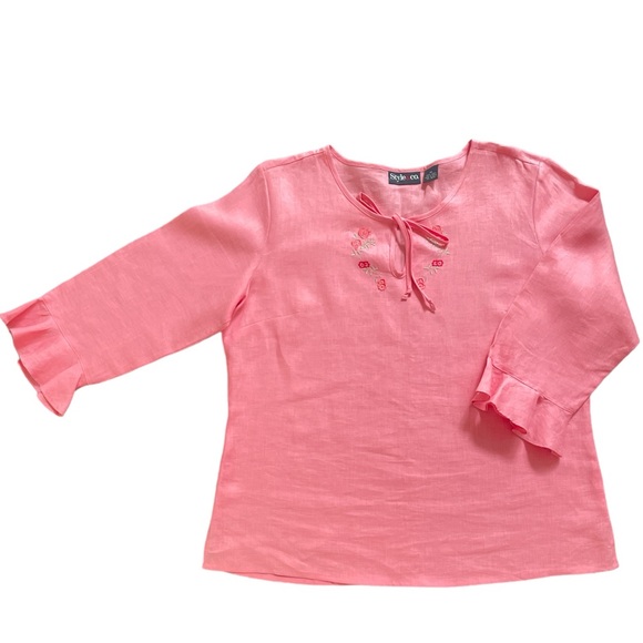 Style & Co pink peach 100% linen blouse tunic top 3/4 bell sleeve embroidered 14 - Picture 4 of 7